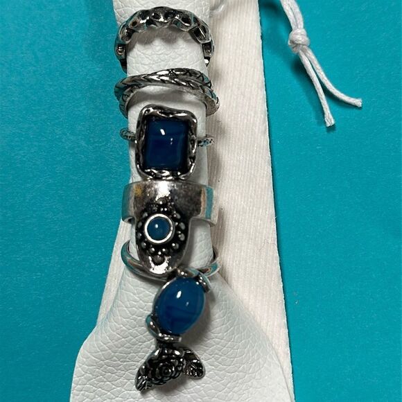 Free People Ring Set Silver Blue Stones 5 Rings - Picture 2 of 3